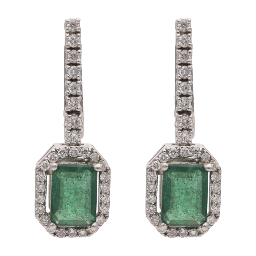 Aretes tira brillantes y esmeralda 18K