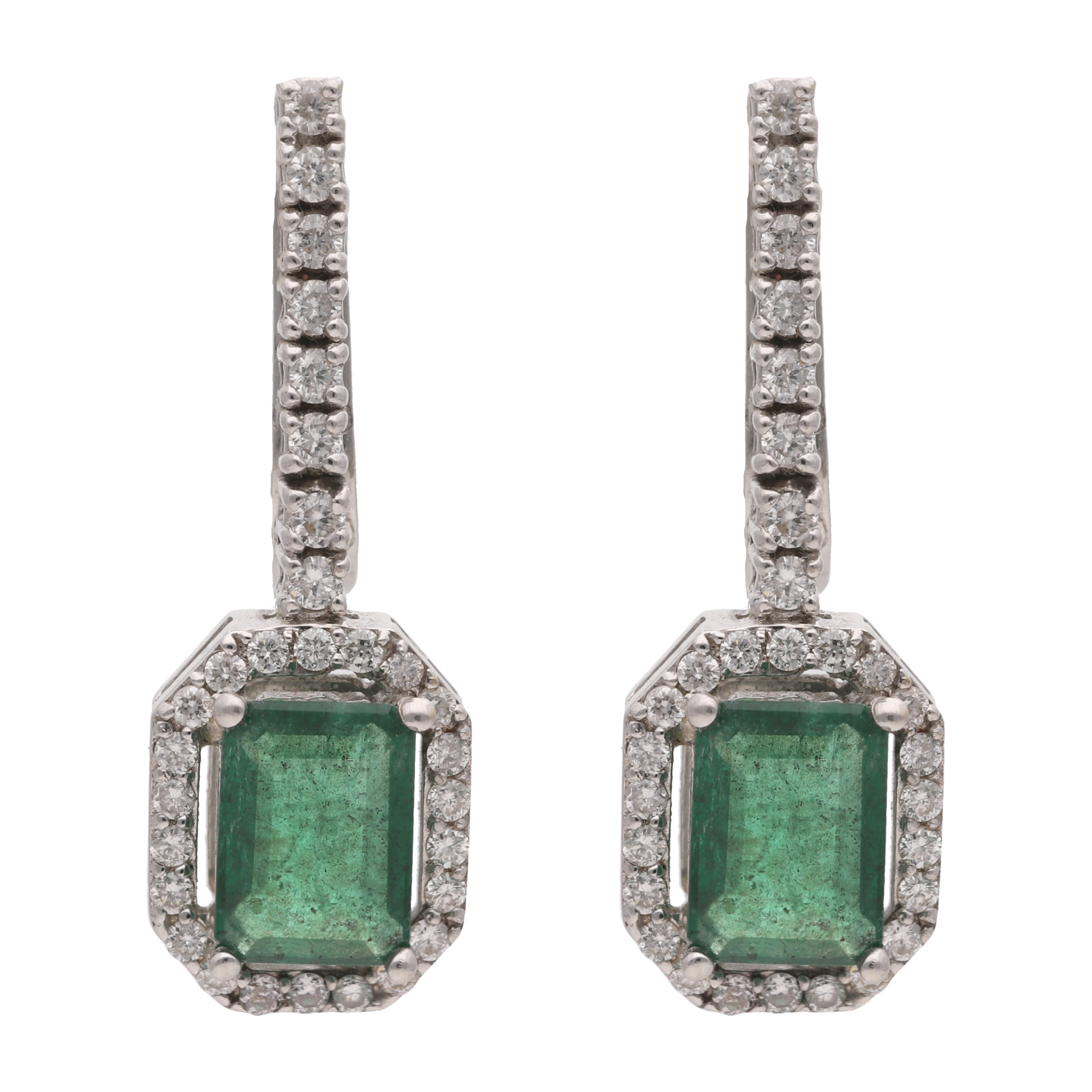 Aretes tira brillantes y esmeralda 18K