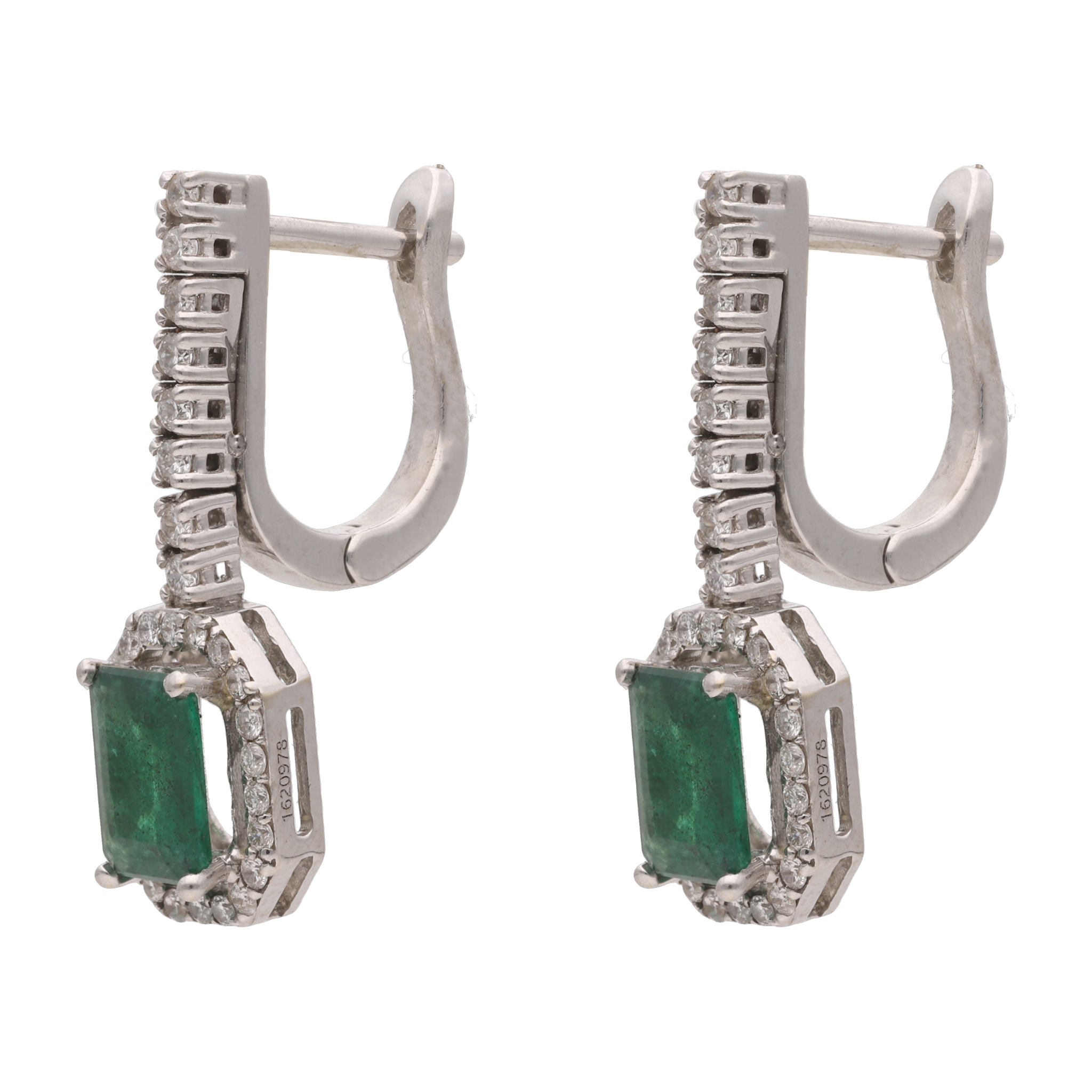 Aretes tira brillantes y esmeralda 18K
