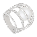 Anillo grande 6 filas diamantes y perla blanca 18K