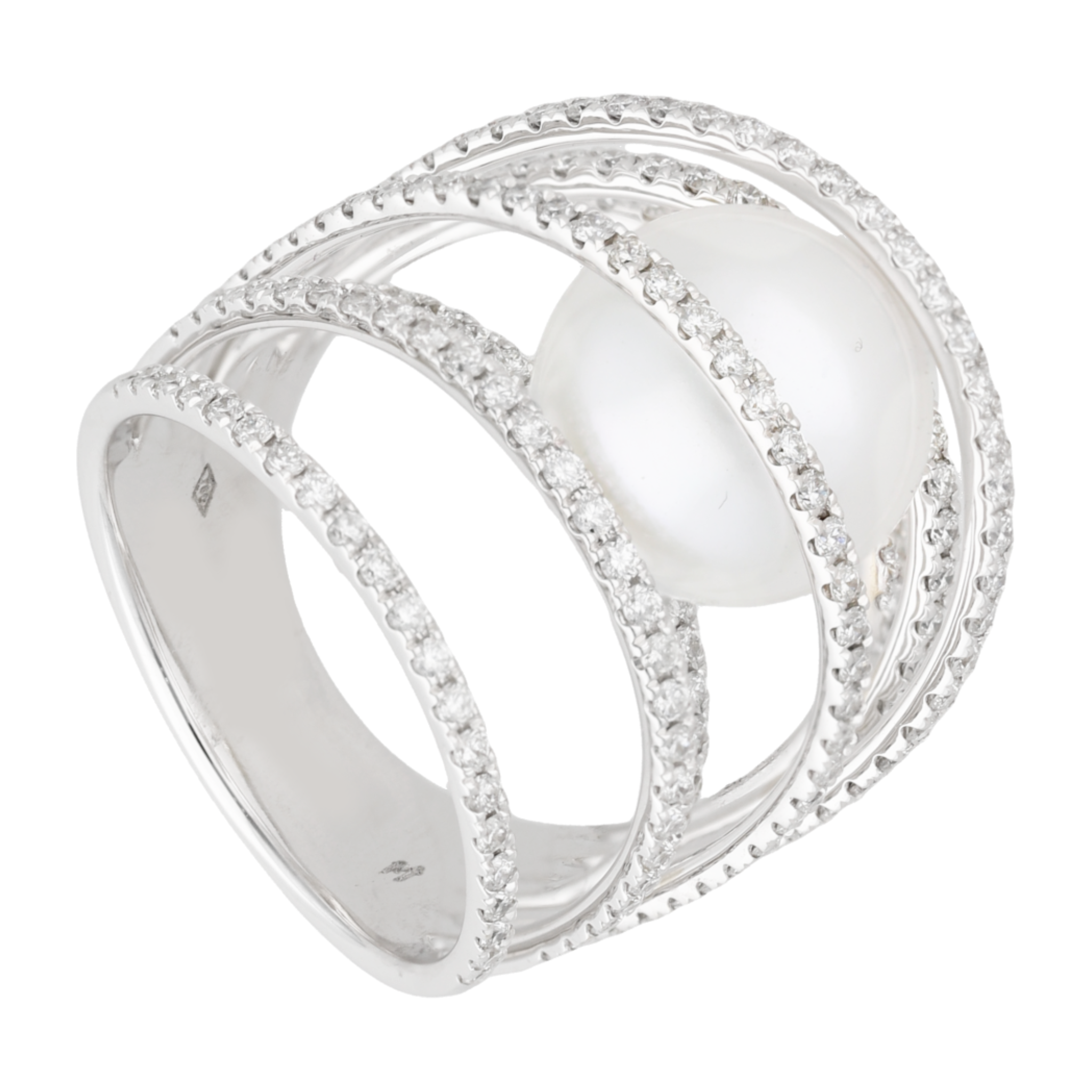 Anillo grande 6 filas diamantes y perla blanca 18K