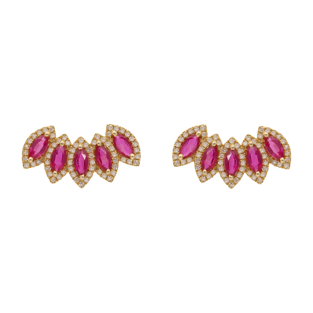 Aretes earclimber rubí y diamantes 14K