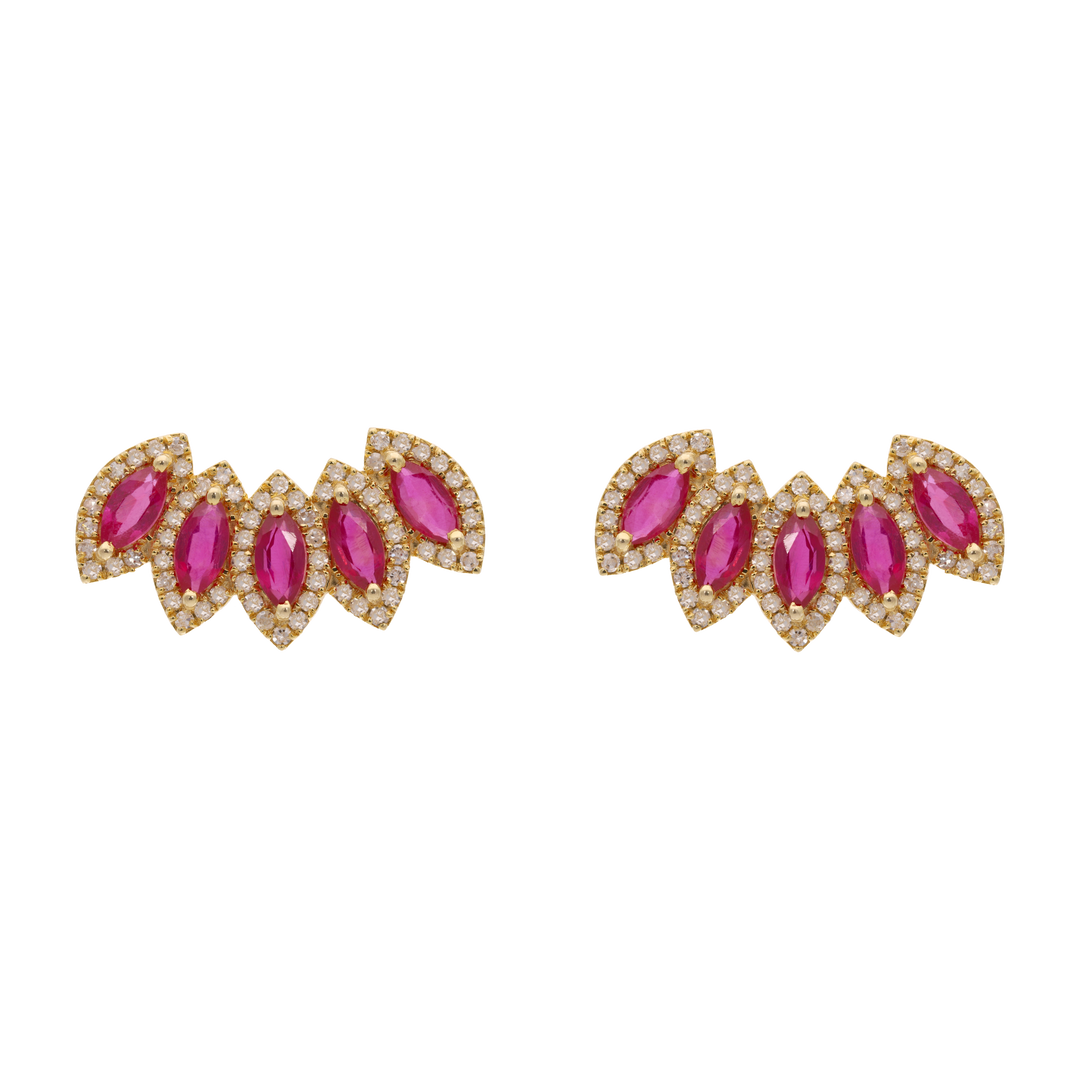 Aretes earclimber rubí y diamantes 14K