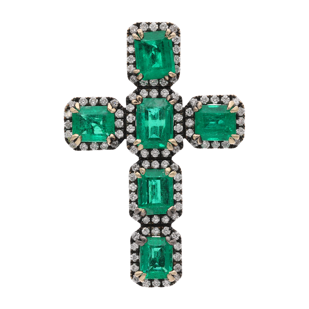Cruz esmeraldas y brillantes oro negro 18K