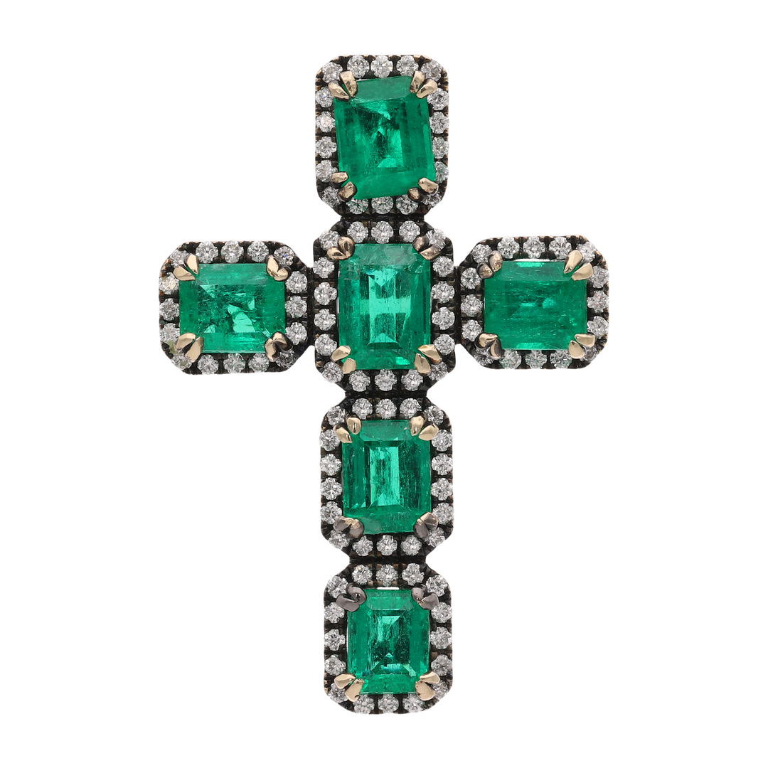 Cruz esmeraldas y brillantes oro negro 18K