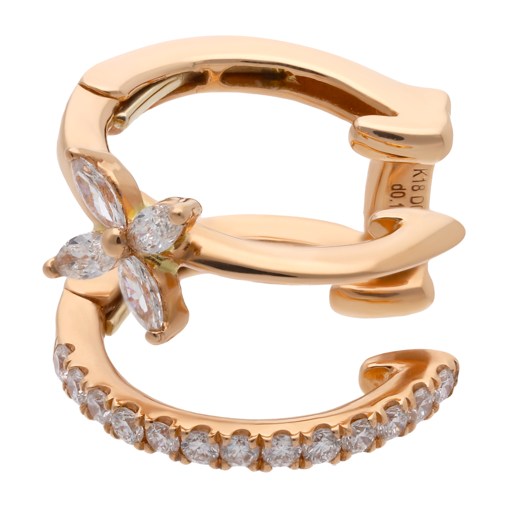 Ear cuff 2 líneas flor diamantes 14K