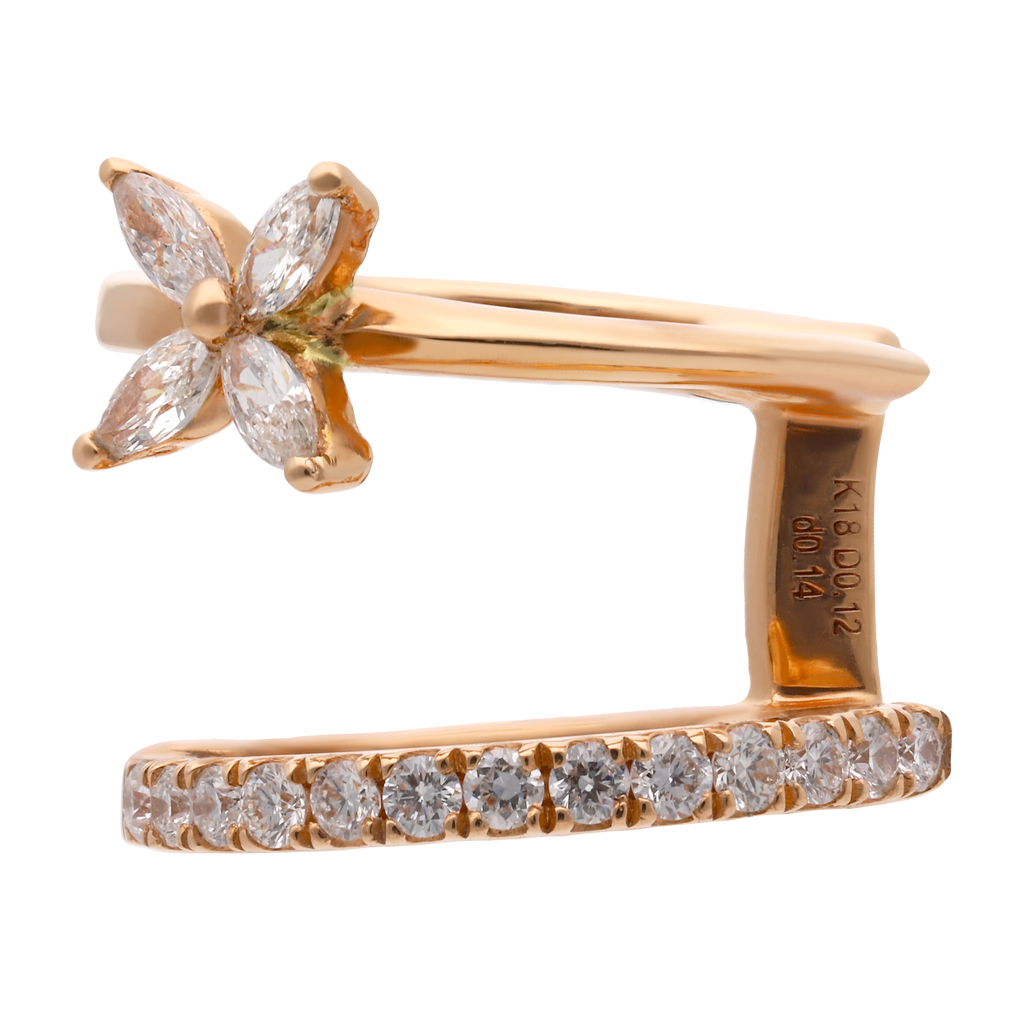Ear cuff 2 líneas flor diamantes 14K