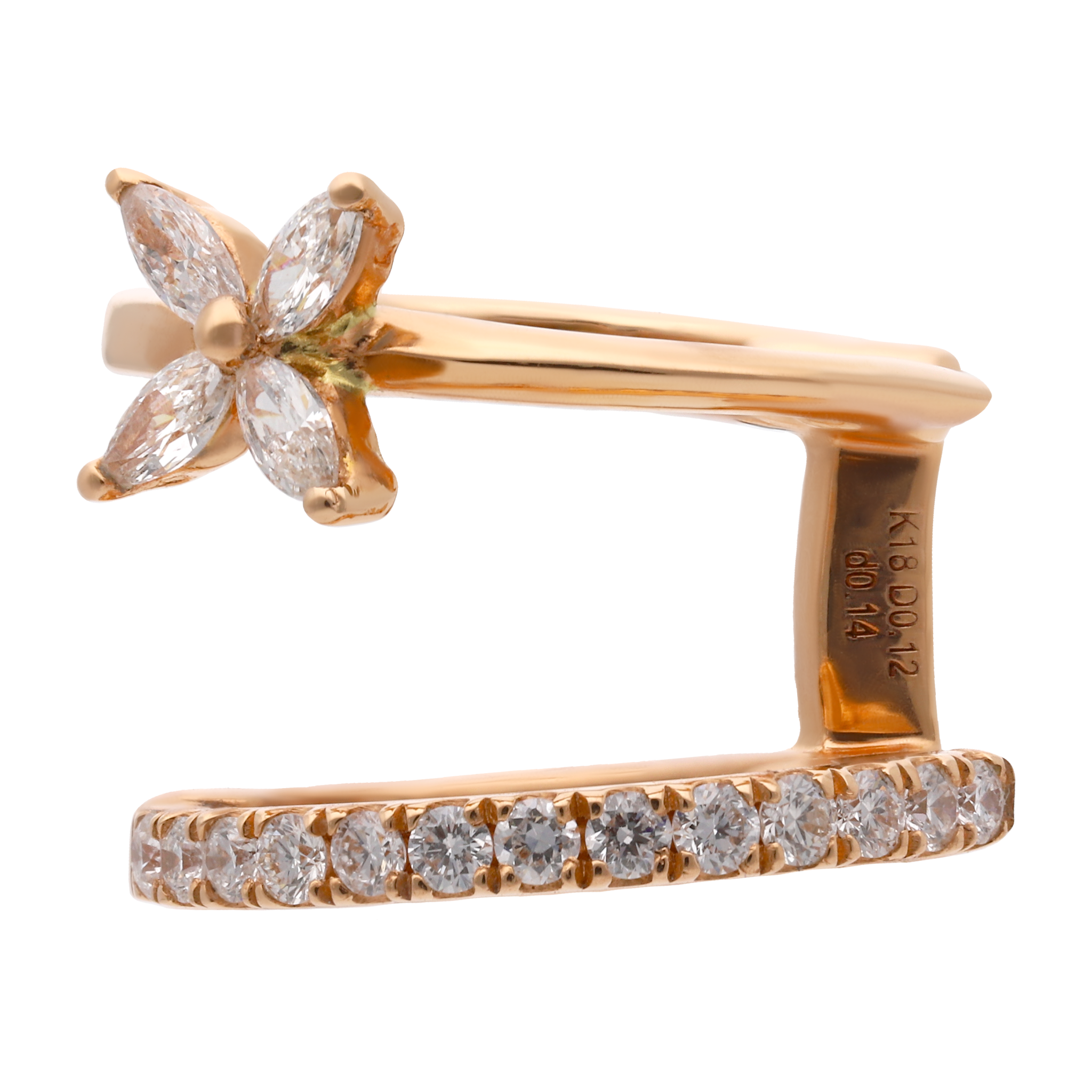 Ear cuff 2 líneas flor diamantes 14K