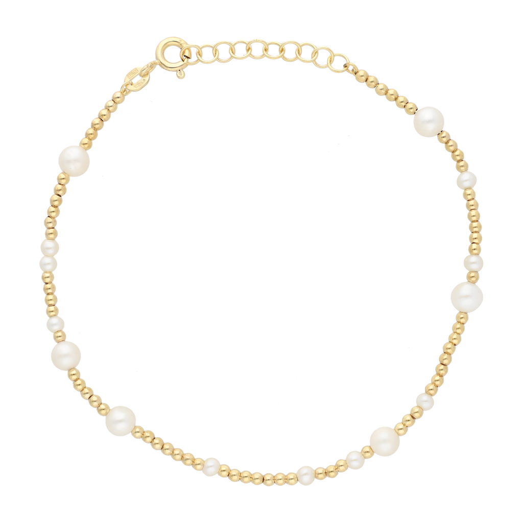 Pulsera perlas blancas y bolitas oro 14K