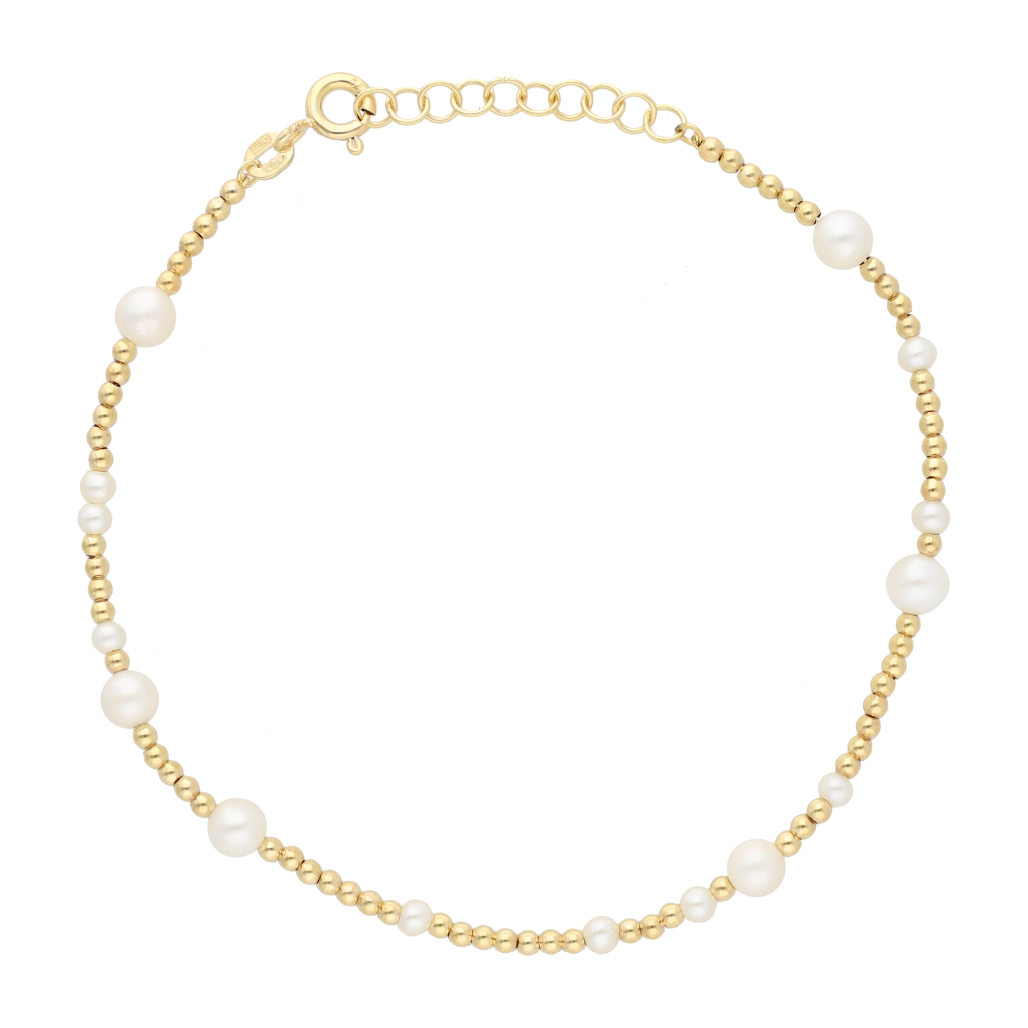 Pulsera perlas blancas y bolitas oro 14K