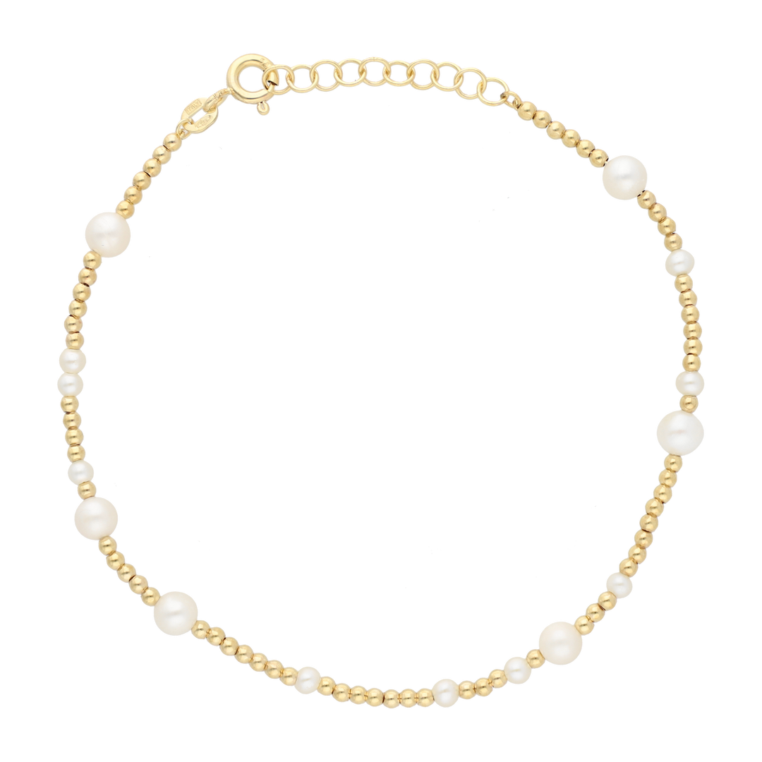 Pulsera perlas blancas y bolitas oro 14K