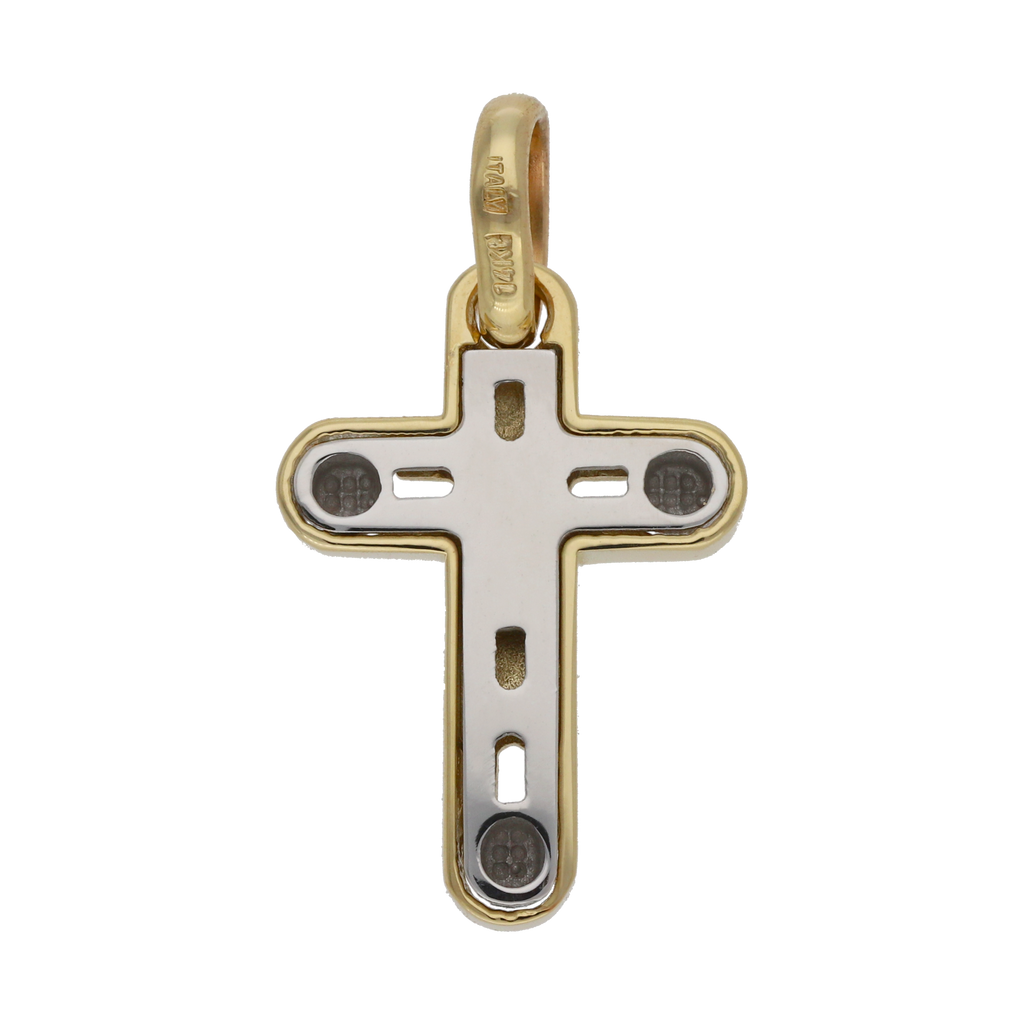 Cruz bicolor lisa y círculos mate 14K