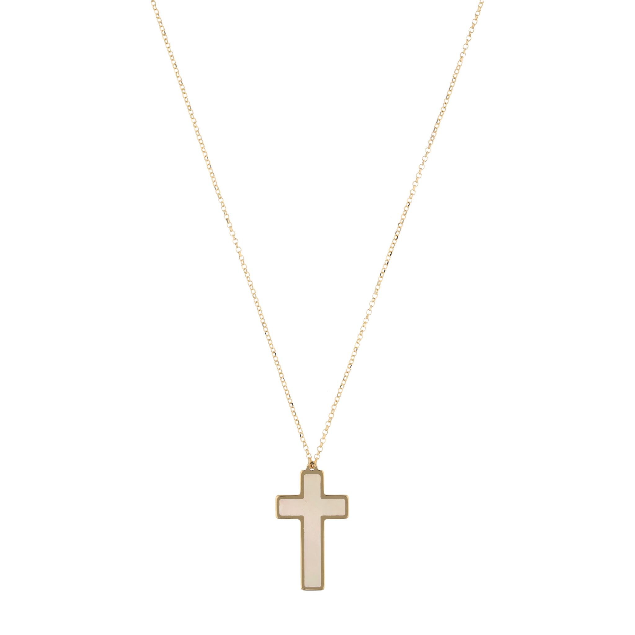 Collar cruz madre perla bisel liso 14K