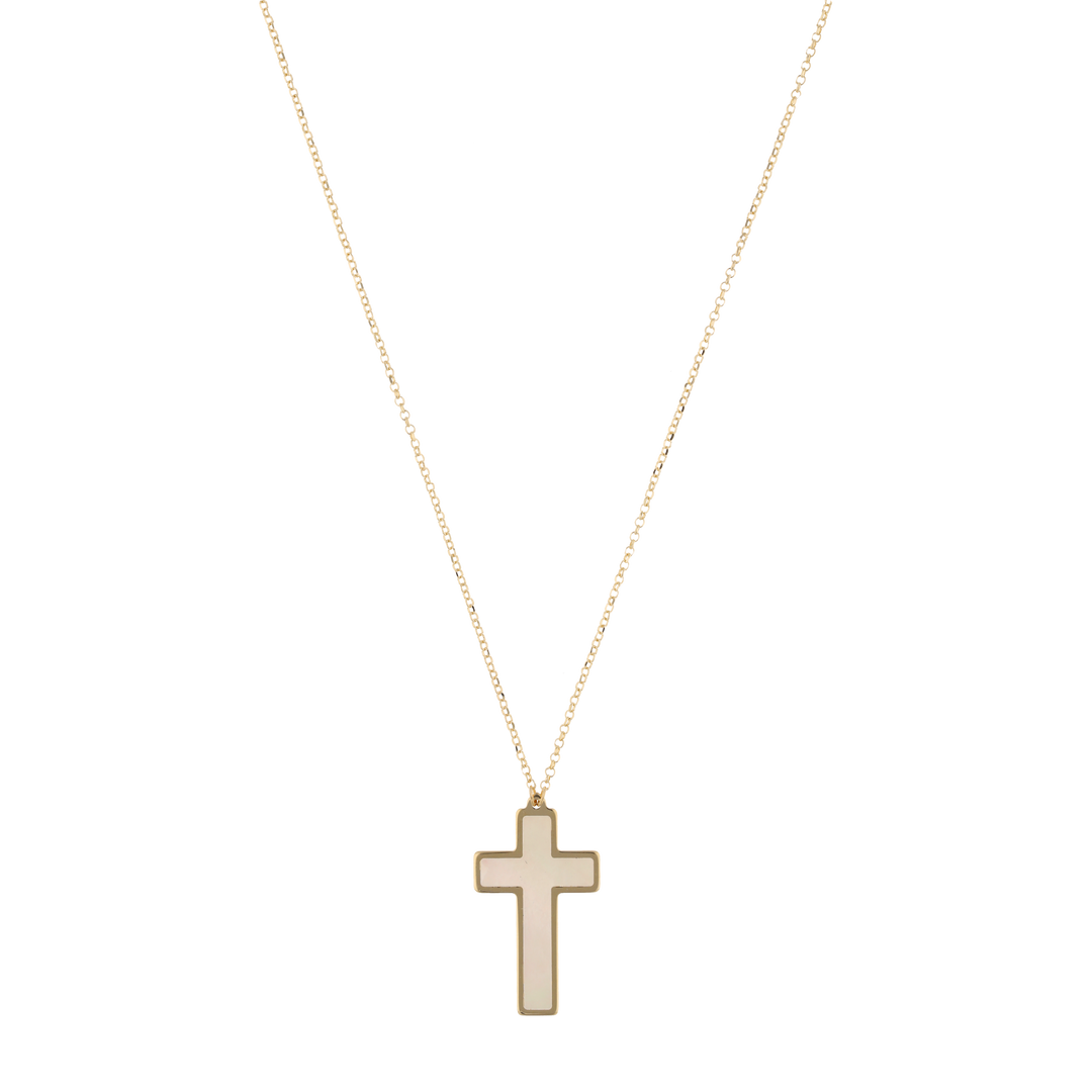 Collar cruz madre perla bisel liso 14K