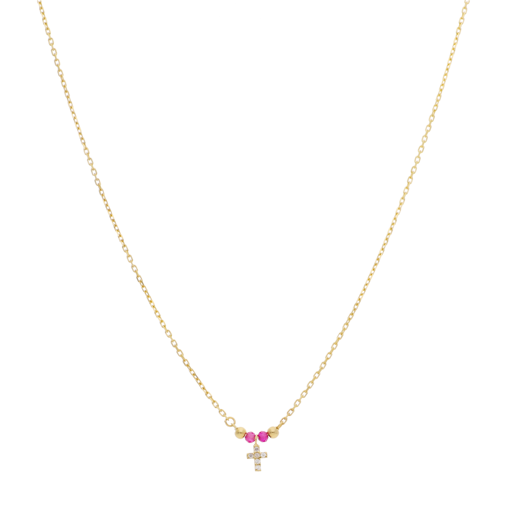 Collar cruz super mini rubí/esmeralda 14K