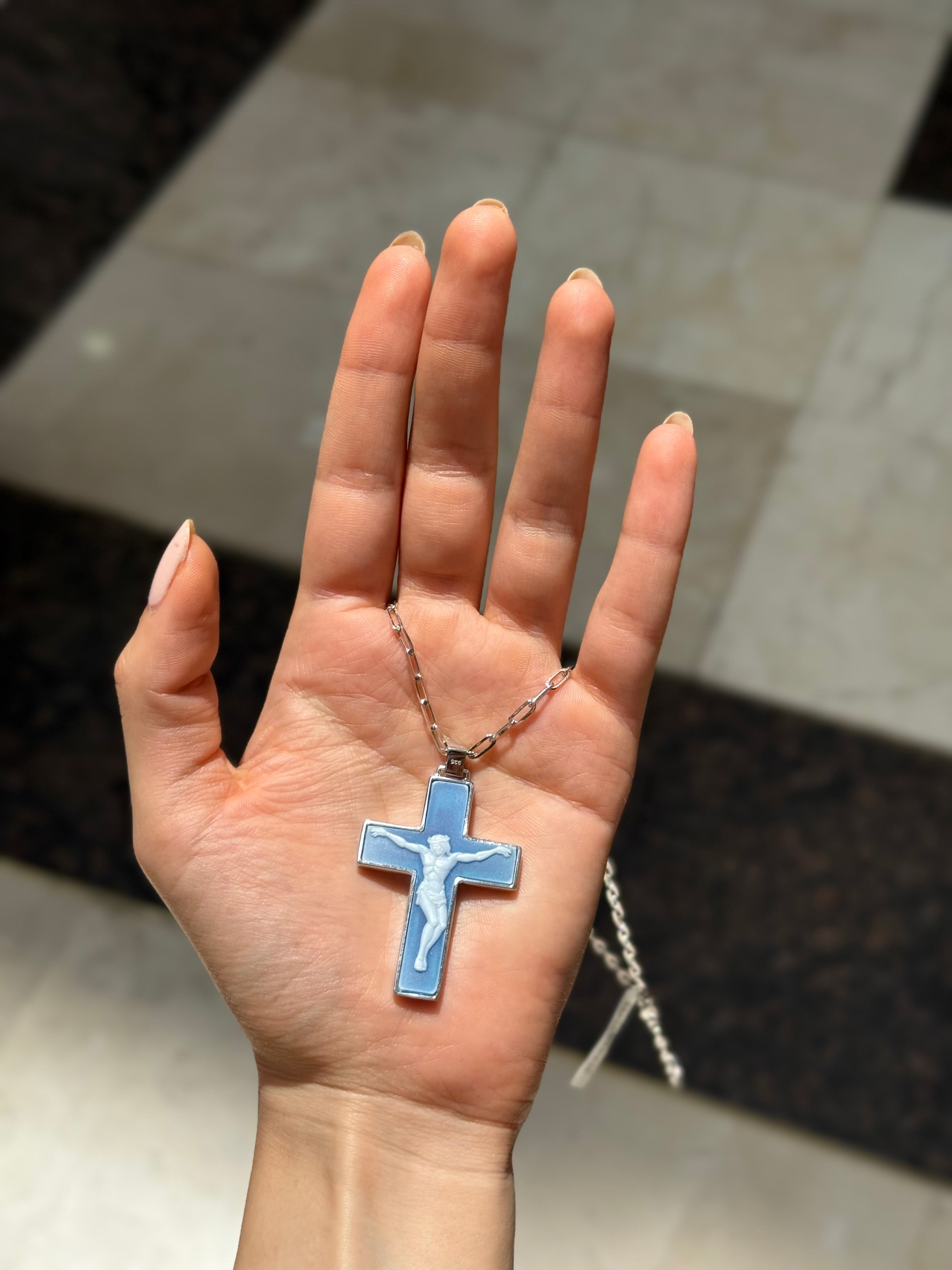 Collar cadena clip cruz ágata plata