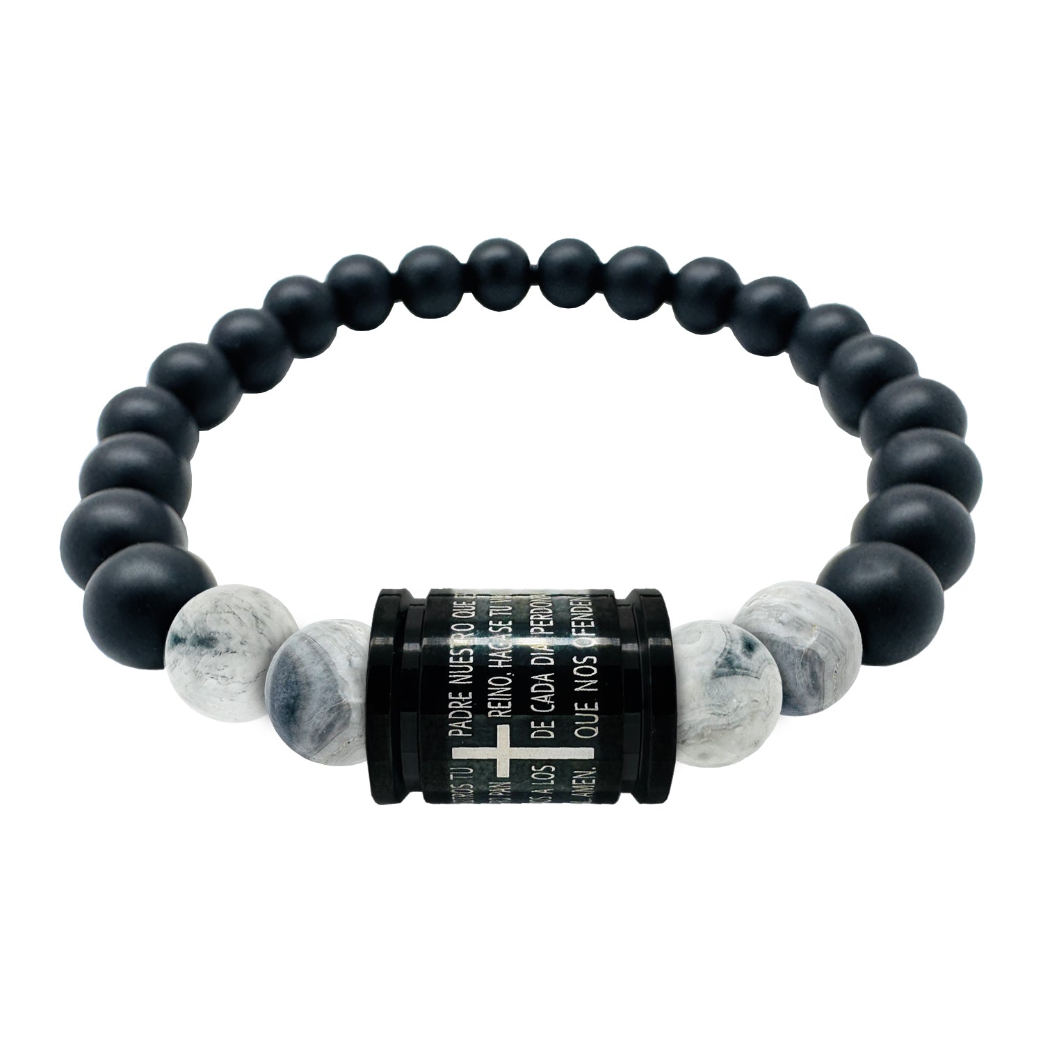 Pulsera bolas negras Padre Nuestro acero