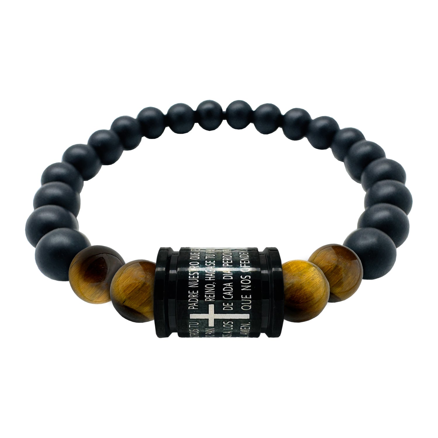 Pulsera bolas negras Padre Nuestro acero
