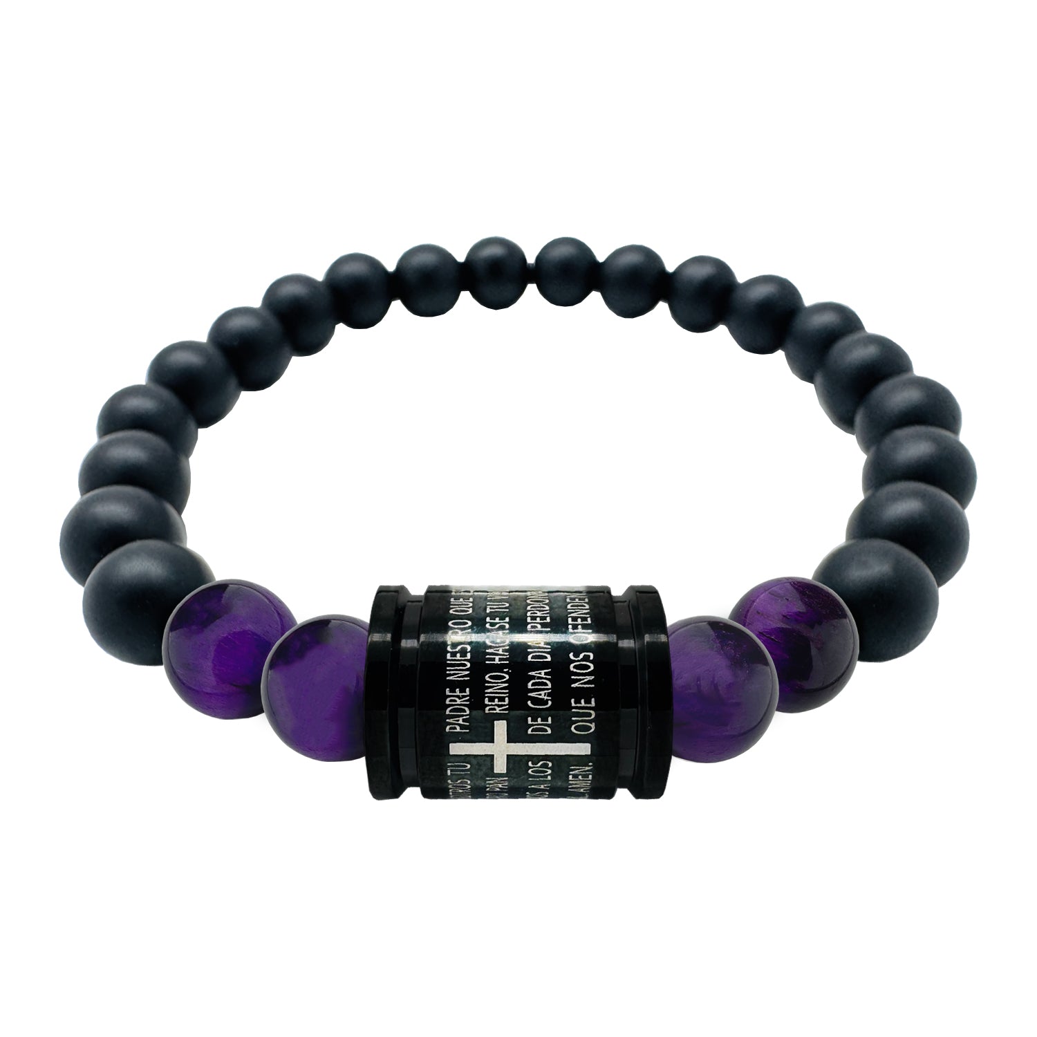 Pulsera bolas negras Padre Nuestro acero