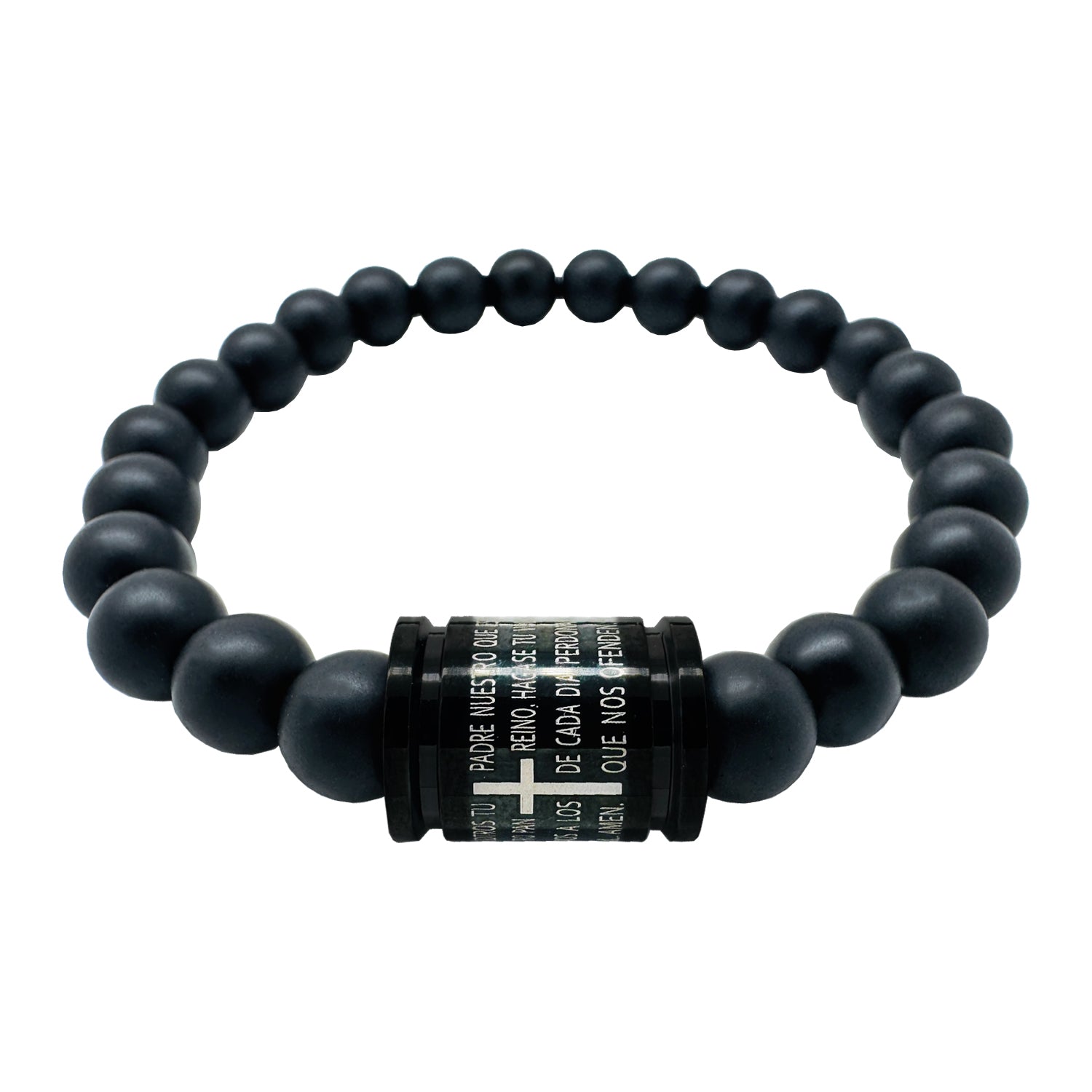Pulsera bolas negras Padre Nuestro acero