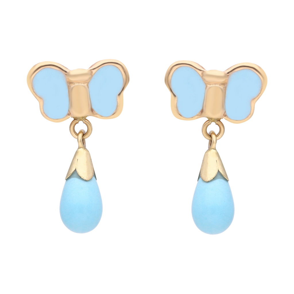 Aretes largos mariposa turquesa 14K