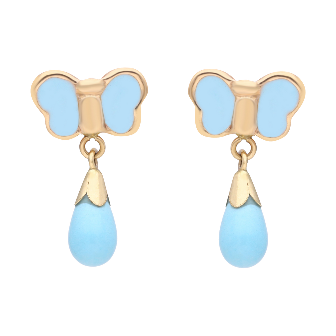 Aretes largos mariposa turquesa 14K