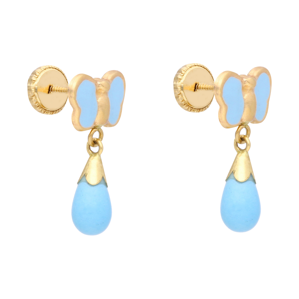 Aretes largos mariposa turquesa 14K