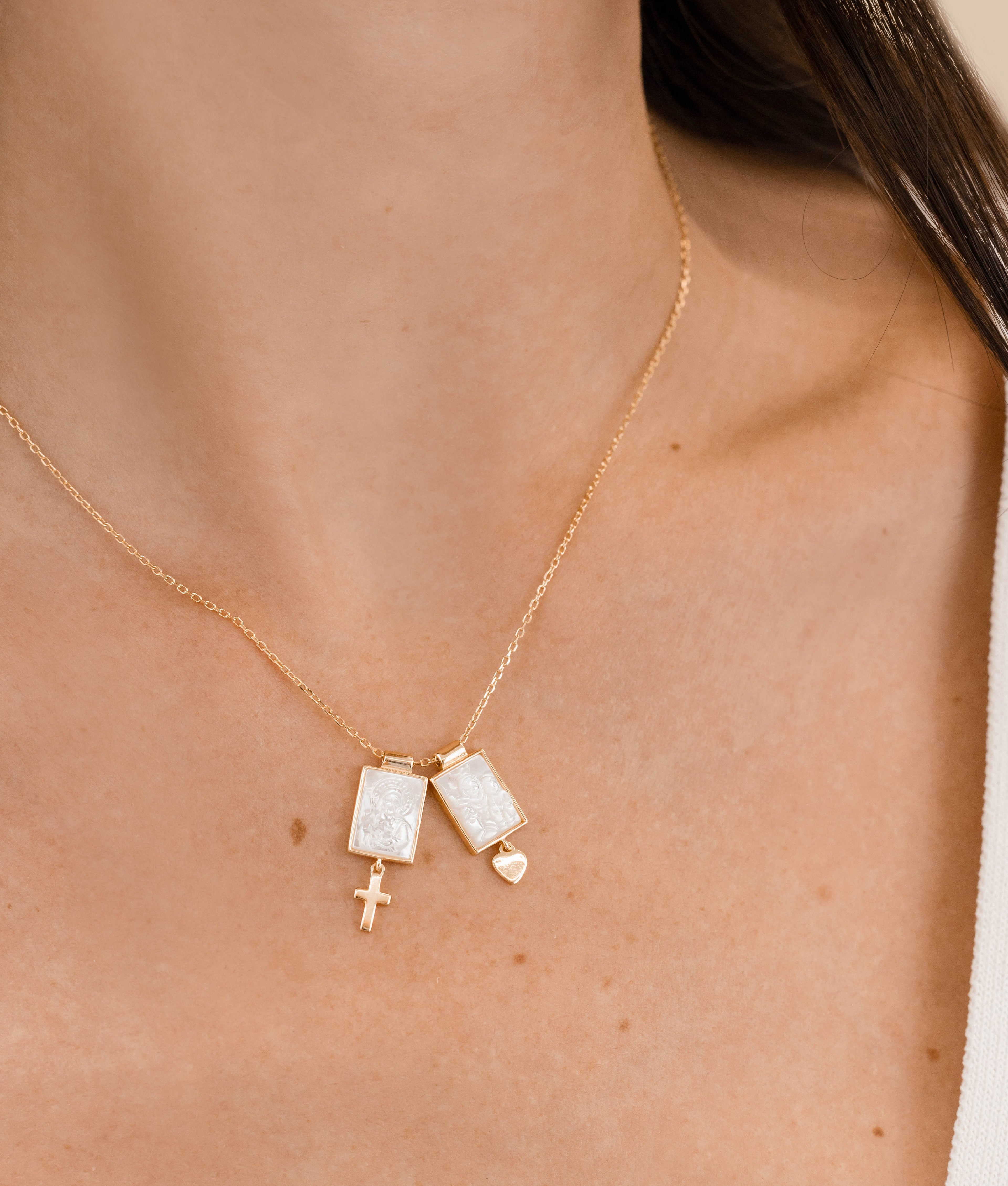 Escapulario plata Virgen del Carmen, Sagrado Corazón y dijes colgantes