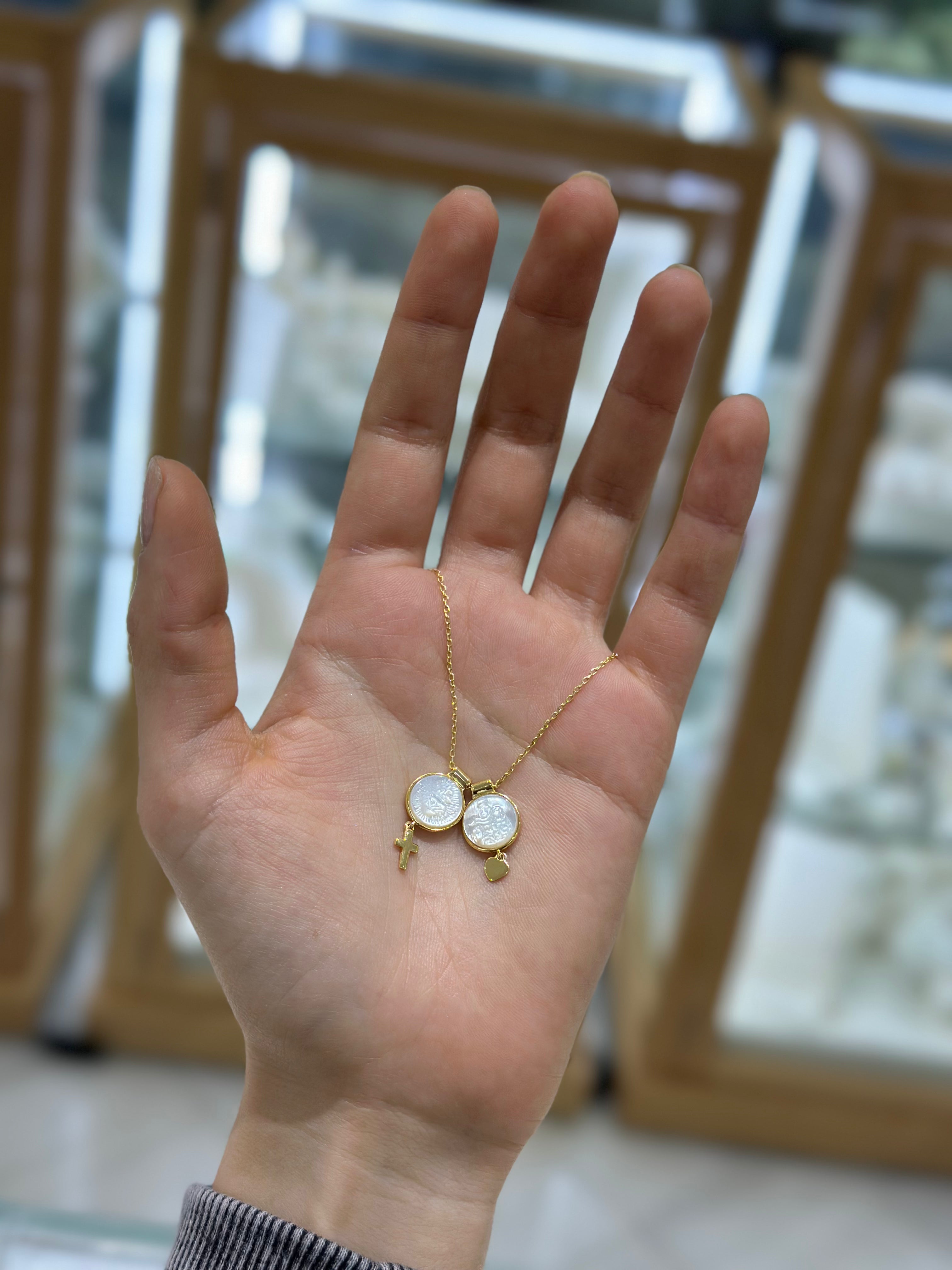 2 escapulario redondo plata Virgen del Carmen, Sagrado Corazón y dijes colgantes