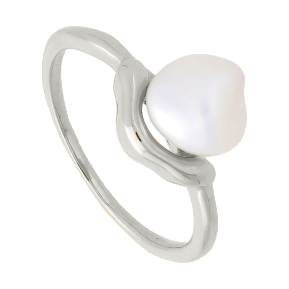 Anillo perla blanca aro ondeado plata
