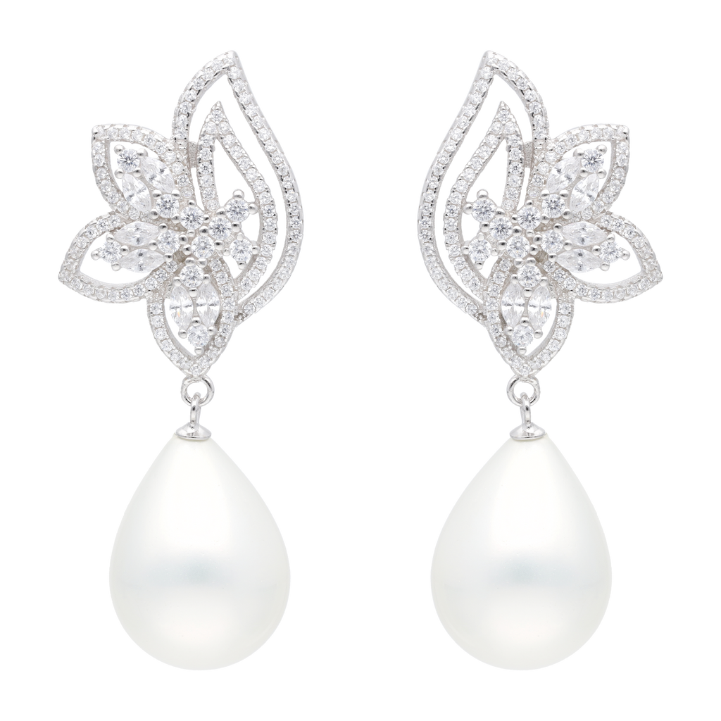 Aretes largos flor circonias perla gota blanca plata