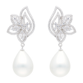 Aretes largos flor circonias perla gota blanca plata