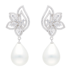 Aretes largos flor circonias perla gota blanca plata