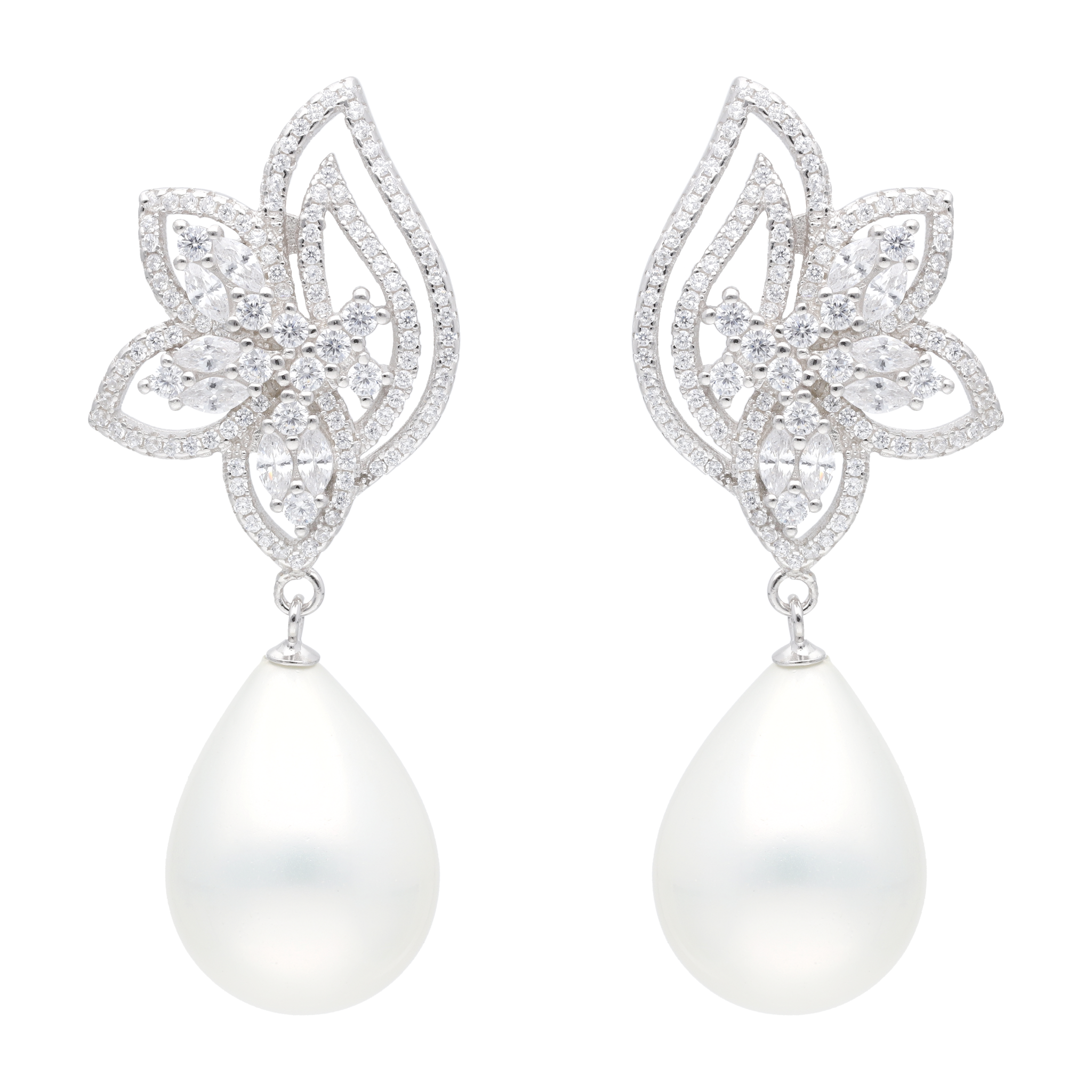 Aretes largos flor circonias perla gota blanca plata
