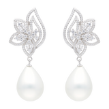 Aretes largos flor circonias perla gota blanca plata