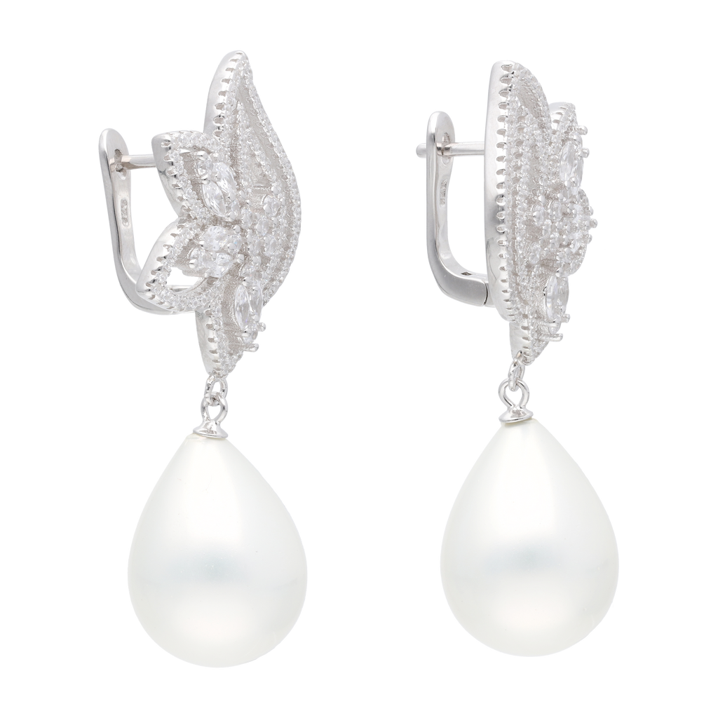 Aretes largos flor circonias perla gota blanca plata