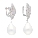 Aretes largos flor circonias perla gota blanca plata