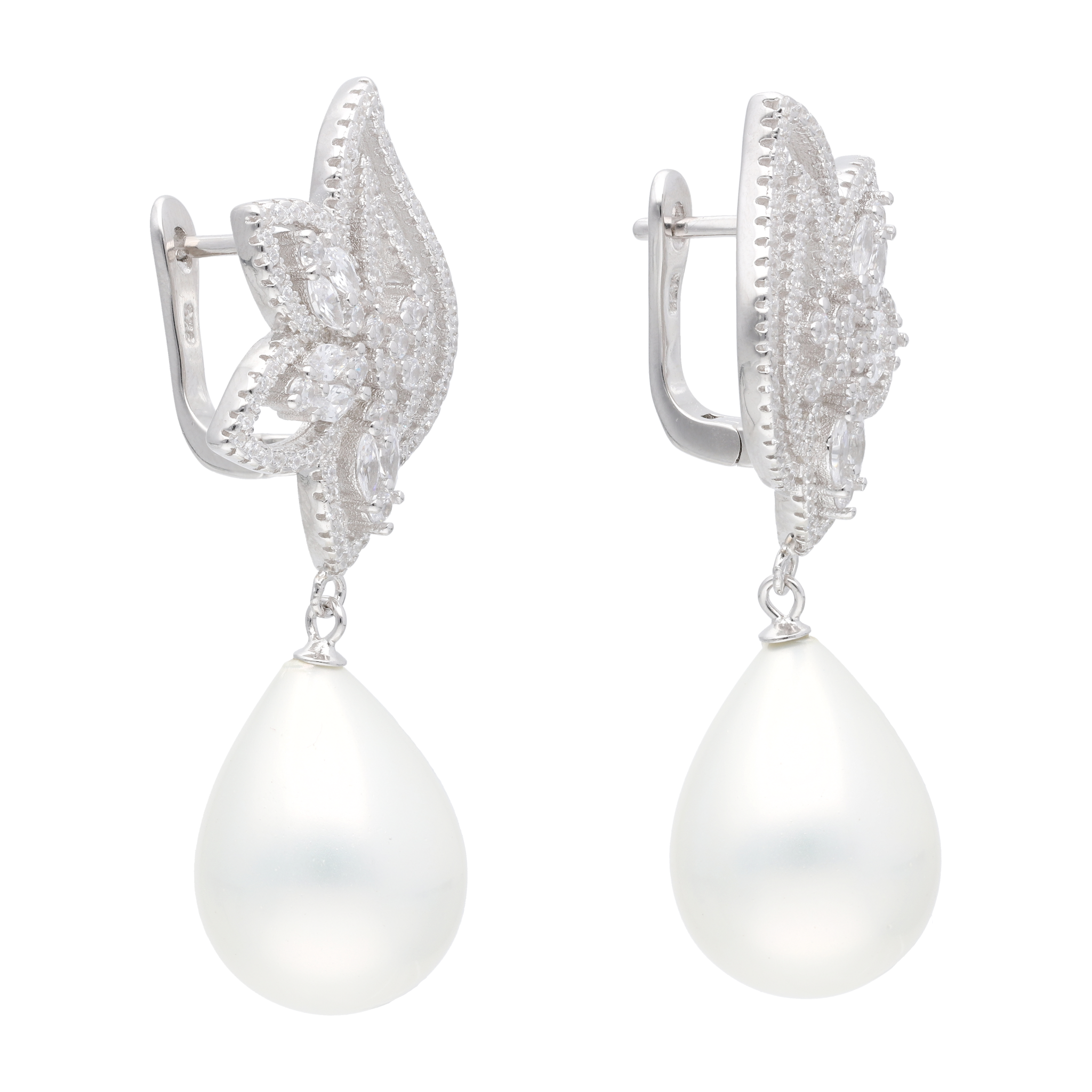 Aretes largos flor circonias perla gota blanca plata