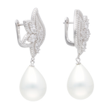 Aretes largos flor circonias perla gota blanca plata