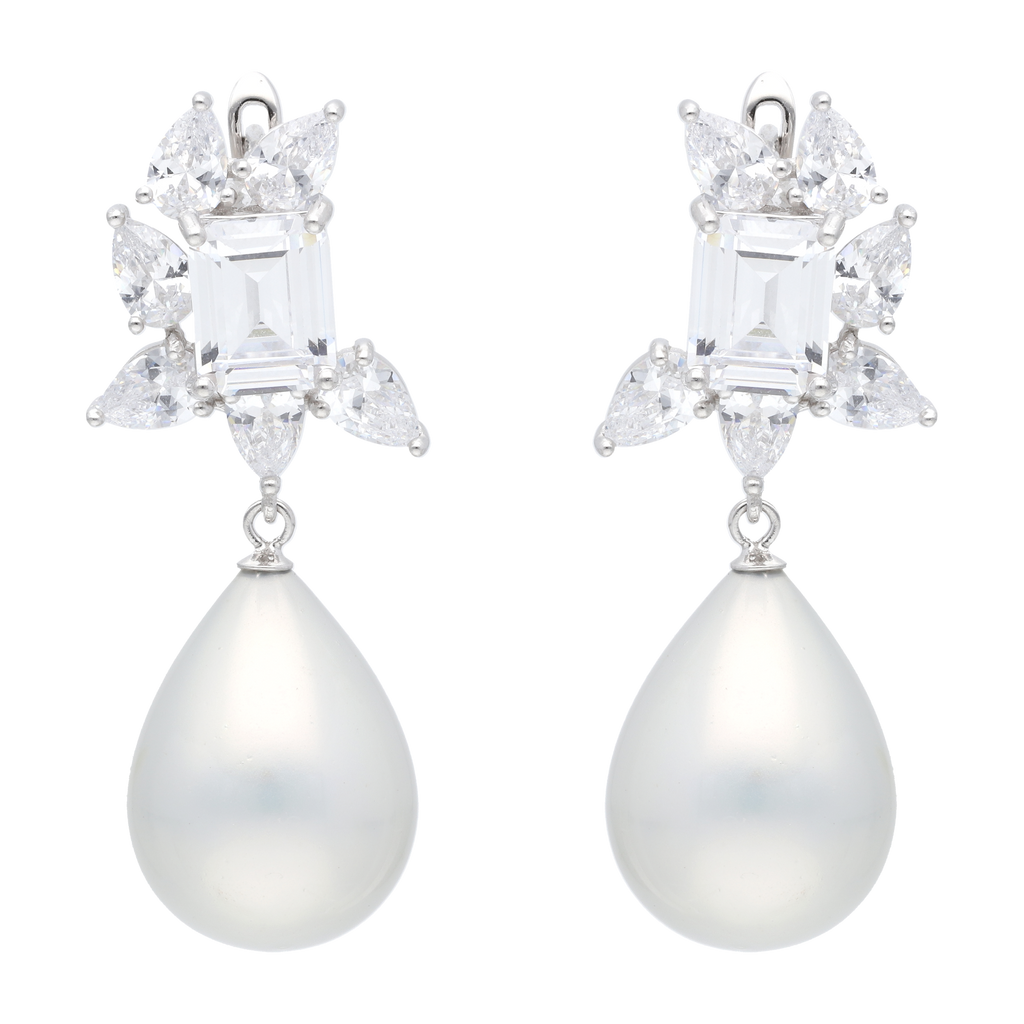 Aretes largos baguettes/gotas circonias y perla plata