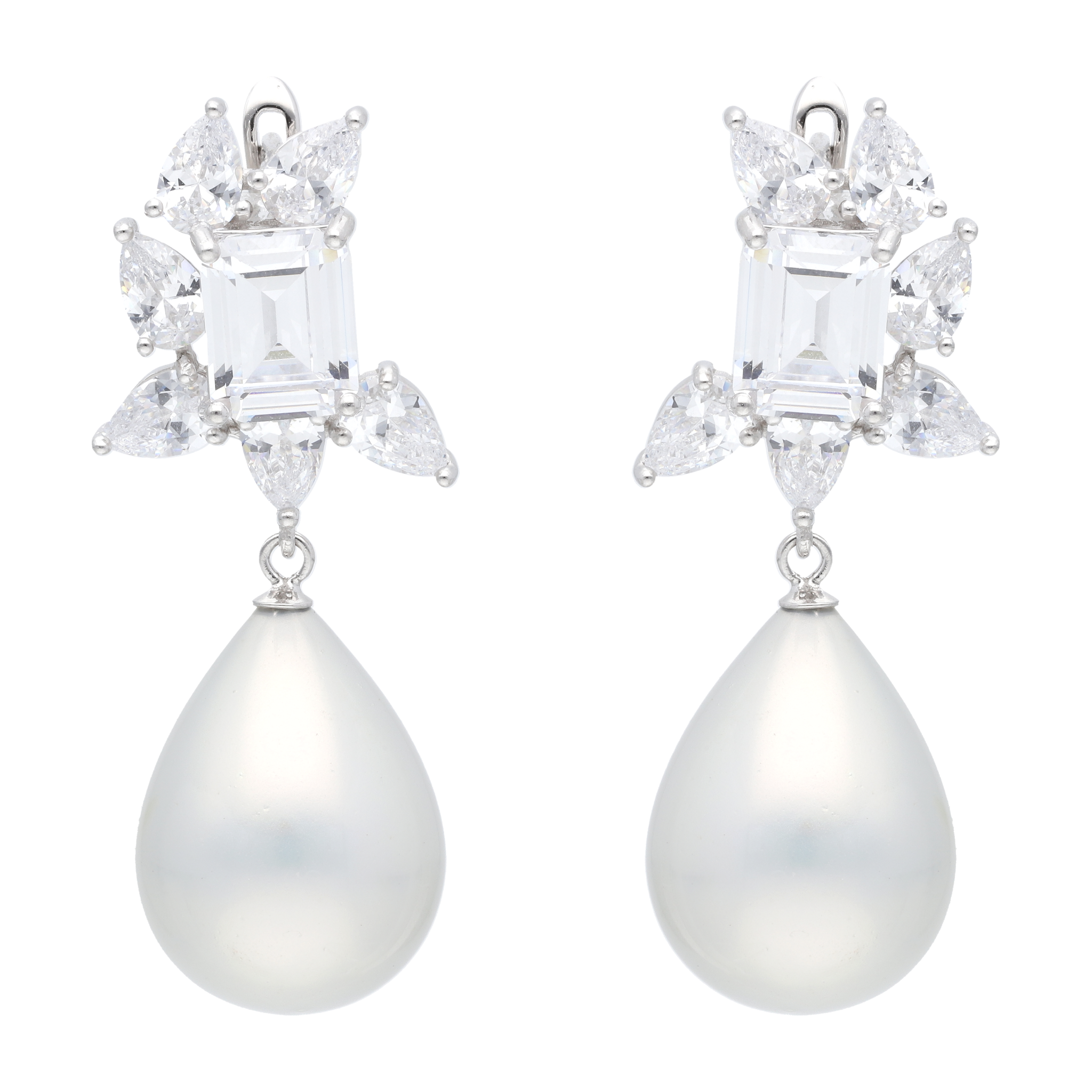 Aretes largos baguettes/gotas circonias y perla plata