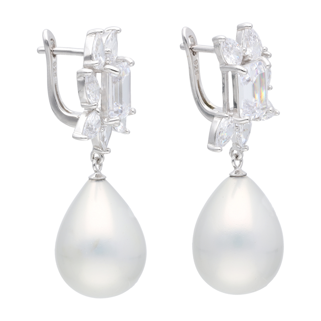 Aretes largos baguettes/gotas circonias y perla plata