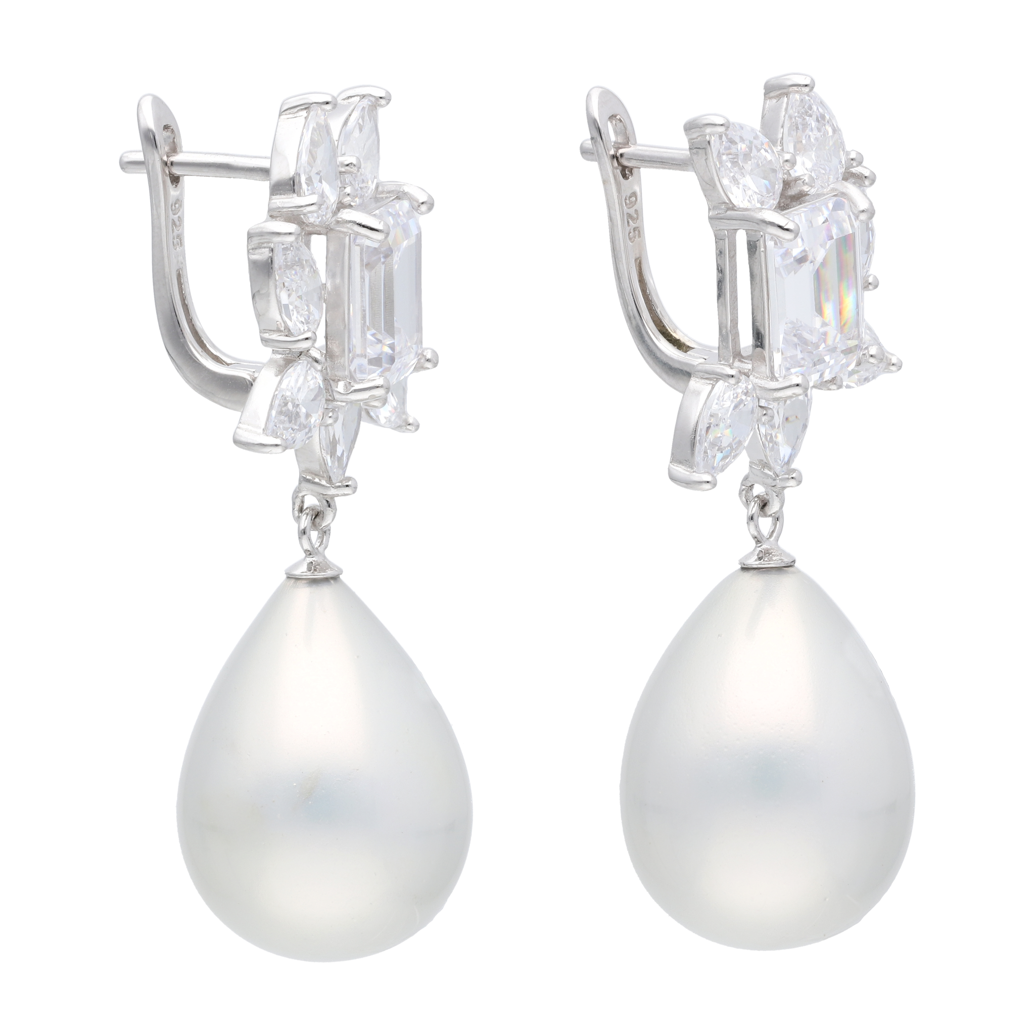 Aretes largos baguettes/gotas circonias y perla plata