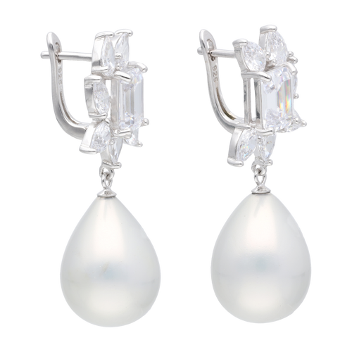 Aretes largos baguettes/gotas circonias y perla plata