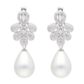 Aretes largos gotas circonias y perla blanca plata