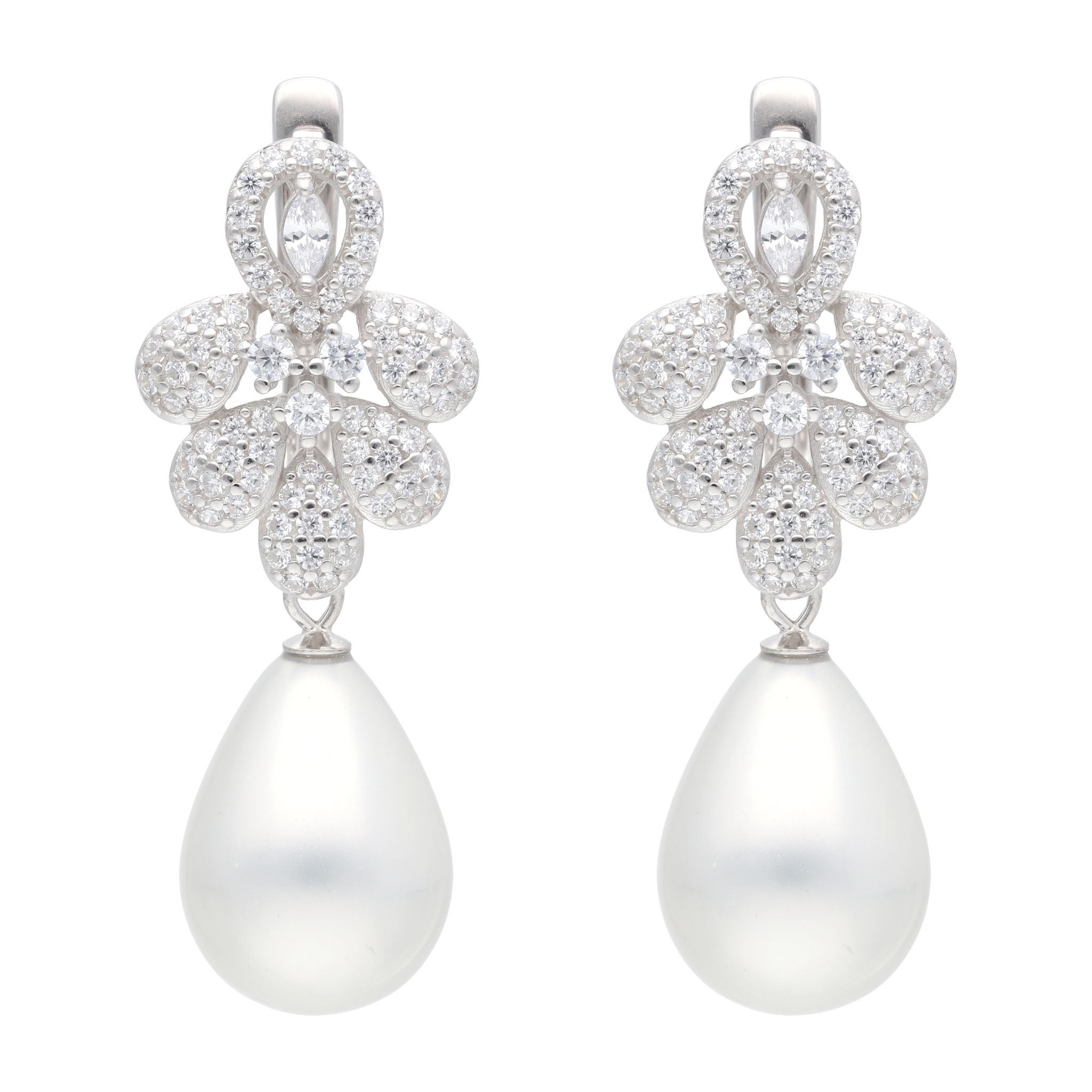 Aretes largos gotas circonias y perla blanca plata