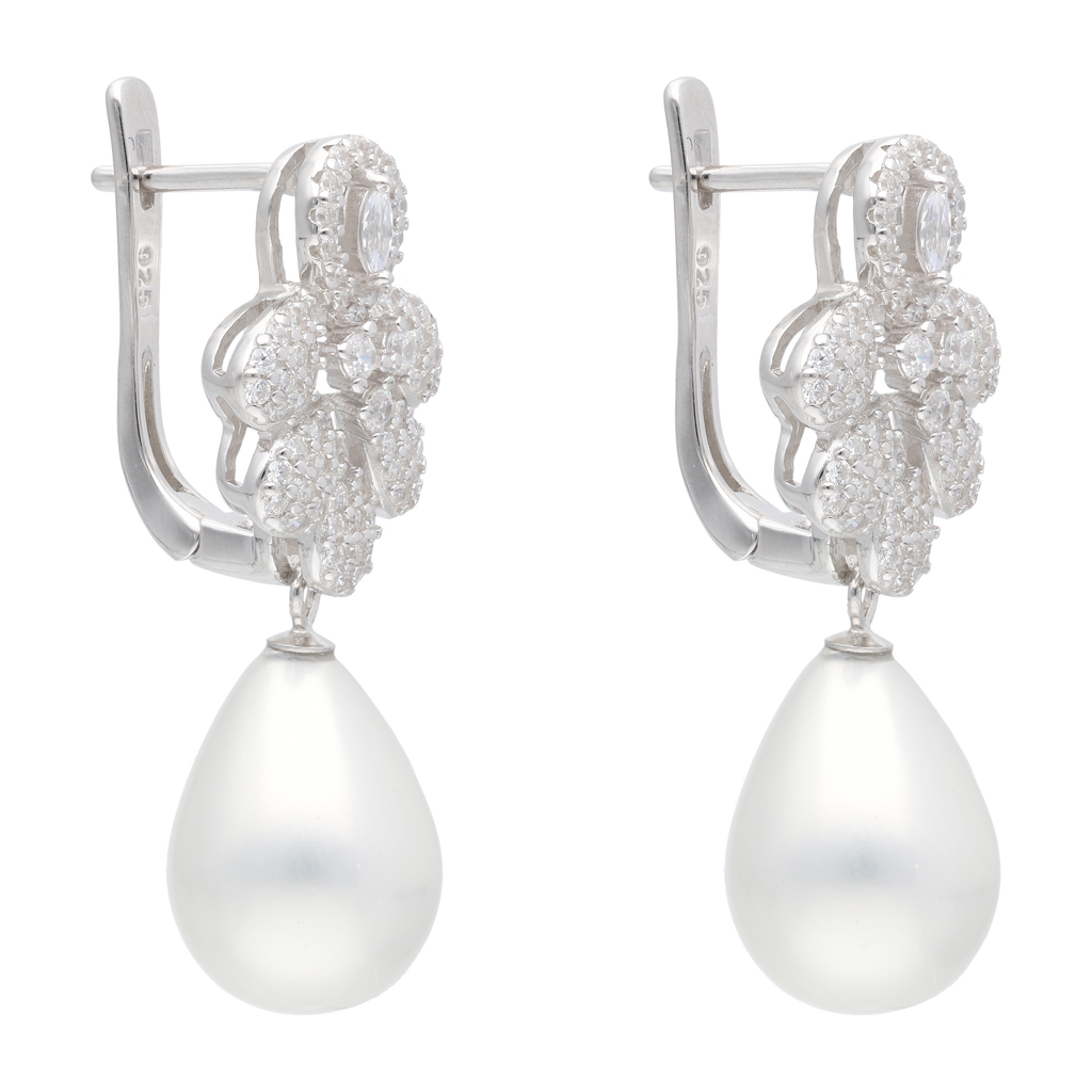 Aretes largos gotas circonias y perla blanca plata
