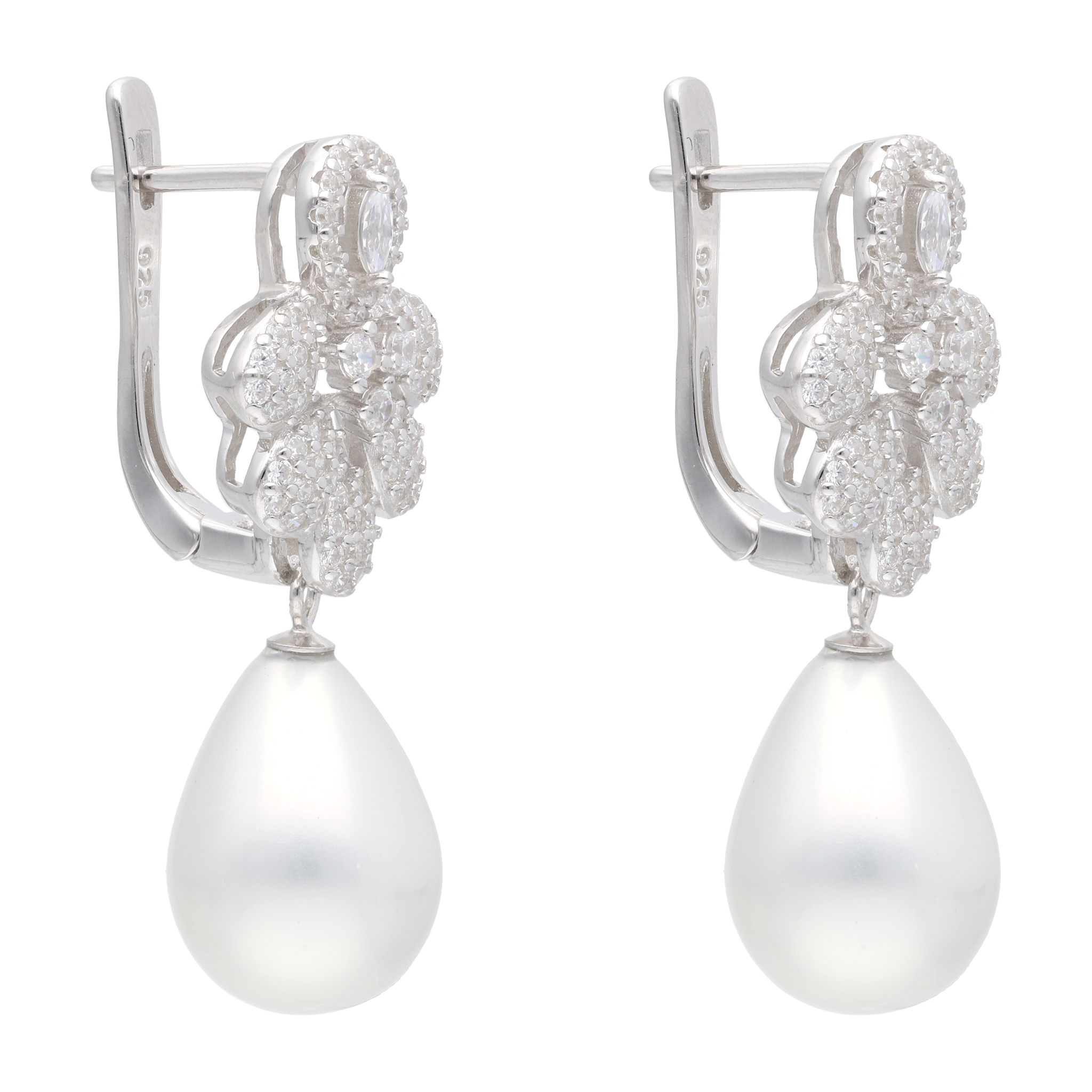 Aretes largos gotas circonias y perla blanca plata