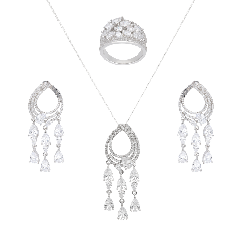 Set anillo/aretes/collar 3 filas circonias plata