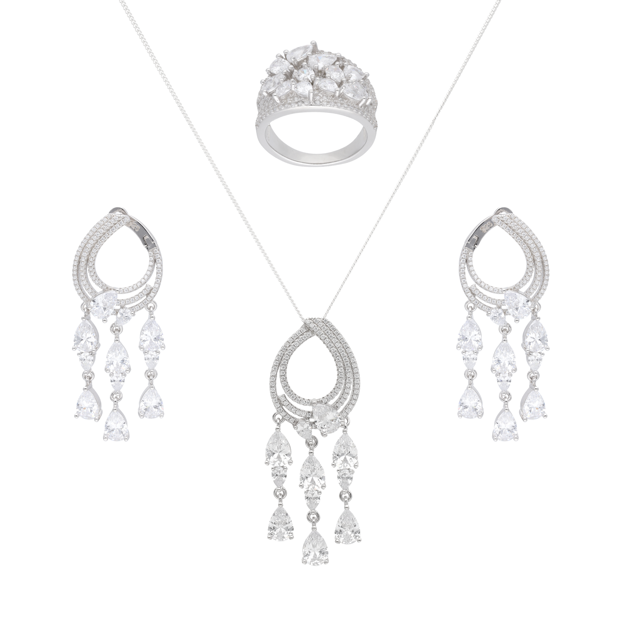 Set anillo/aretes/collar 3 filas circonias plata